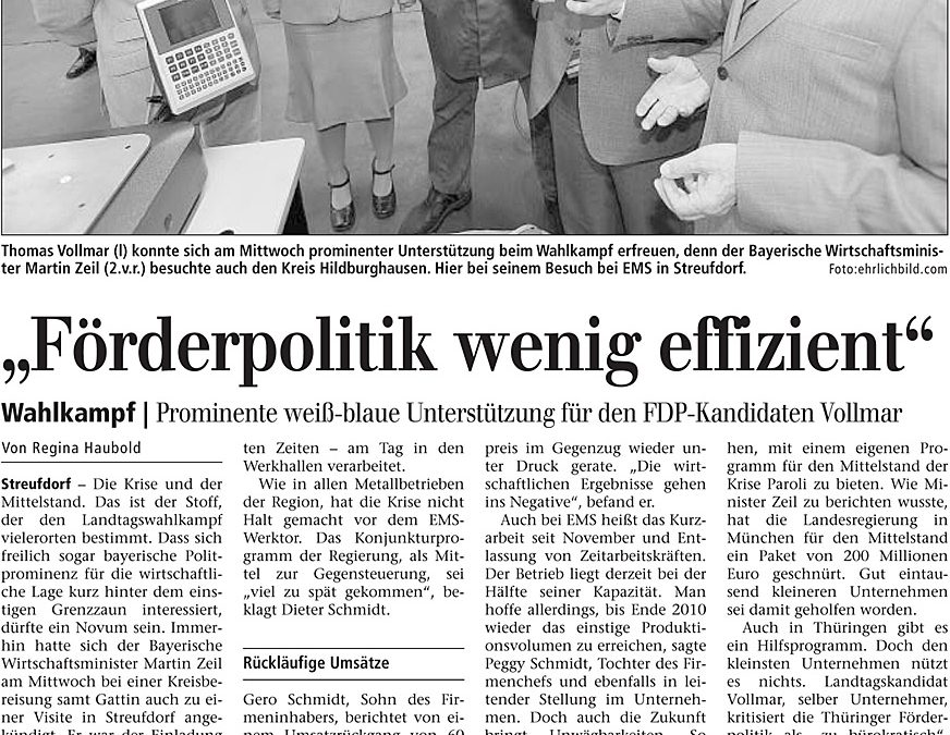 August 2009 – Zeitungsartikel in “Freies Wort” Förderpolitik wenig effizient