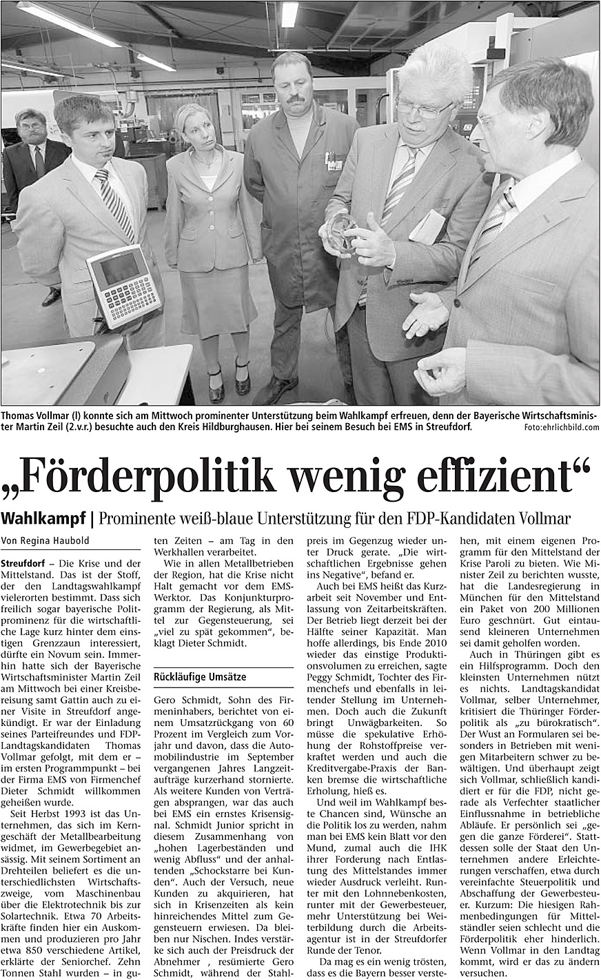 August 2009 – Zeitungsartikel in “Freies Wort” Förderpolitik wenig effizient
